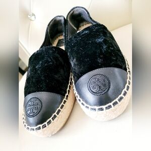 Tory Burch Velvet/Leather Espadrilles Flat Shoes Black US 7.5